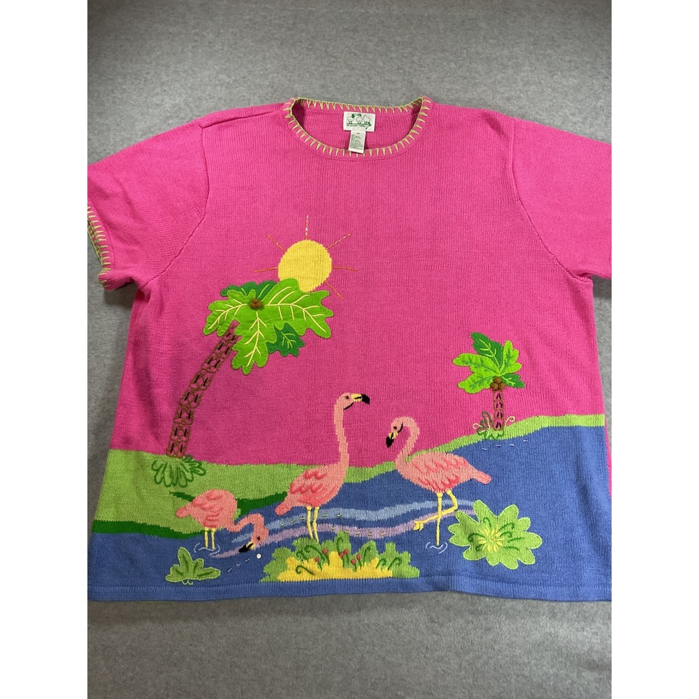 Quacker Factory Pink Flamingo Tropical Knit Sweater Womens 3X Short Sleeve 2043